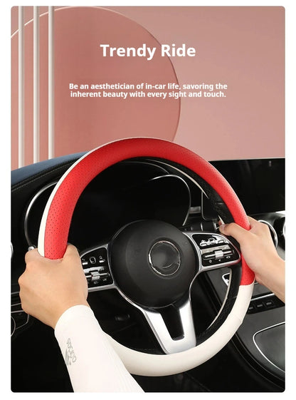 Steering Wheel Cover Breathable Non Slip Nappa Leather All Season Universal For Car Interior Wear Resistant Protective Cover