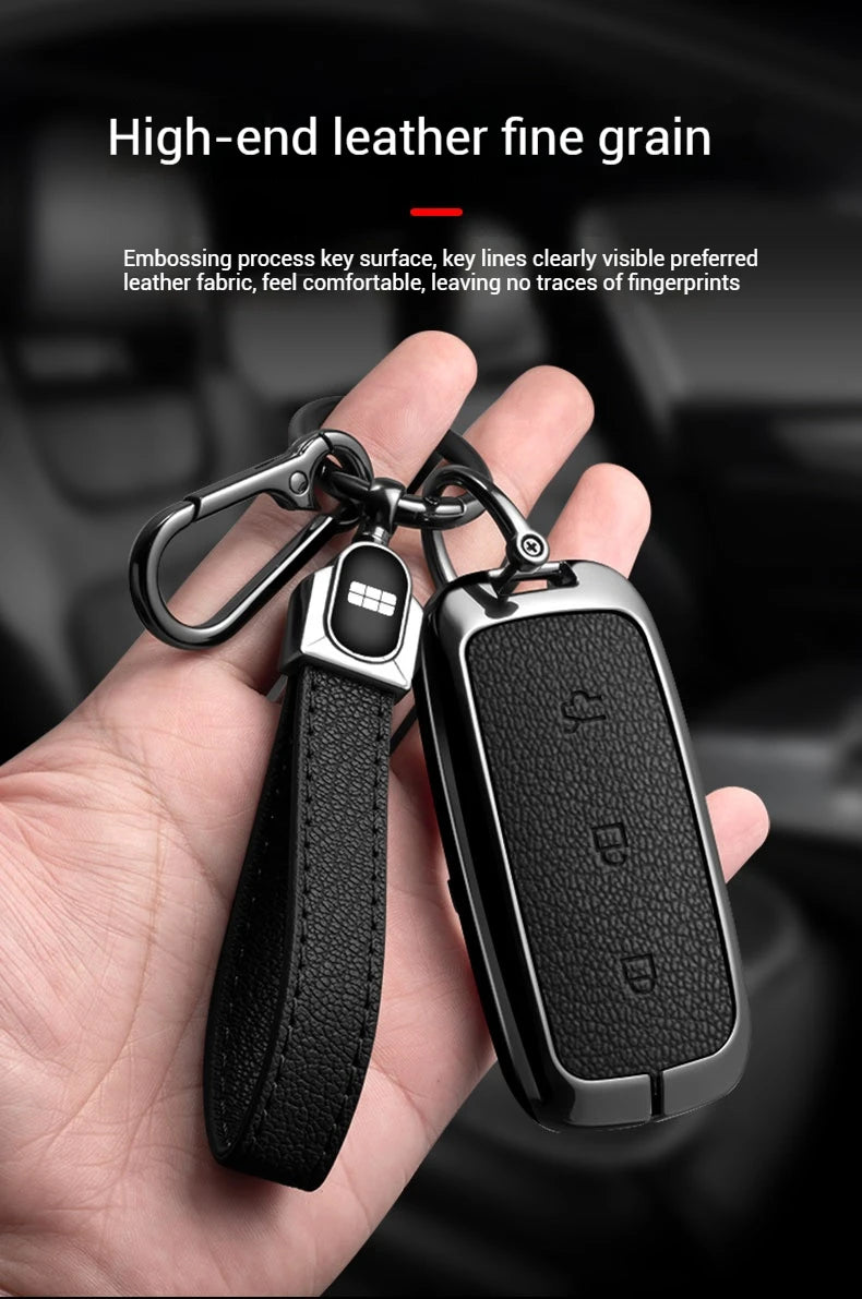 For Geely EX5 Metal Leather Car Key Case Full Cover Shell For Geely EX5 EM-i / ‌Starray EM-i / Galaxy L6/L7/E8/M9