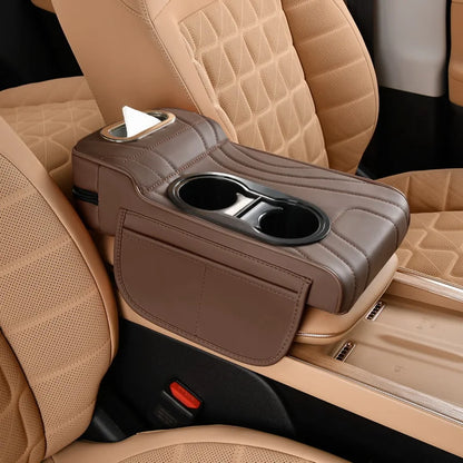 Car Center Console Armrest Cushion with Dual Cup Holders Tissue Box Side Pocket PU Leather Arm Rest Cover for Universal Cars