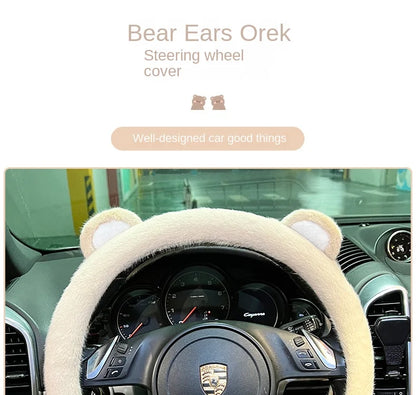 Plush Car Steering Wheel Cover Cartoon Cute Bear Ears Steering Wheel Cover Winter Warm and Comfortable Steering Wheel Cover