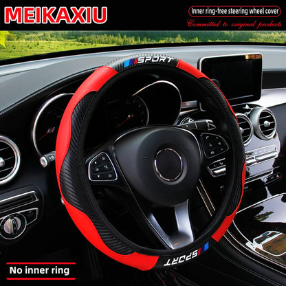 Carbon Fiber Leather Sport Steering Wheel Cover Rimless Universal Fit for 14.5-15 Inch Car Steering Wheels Decorative Accessory
