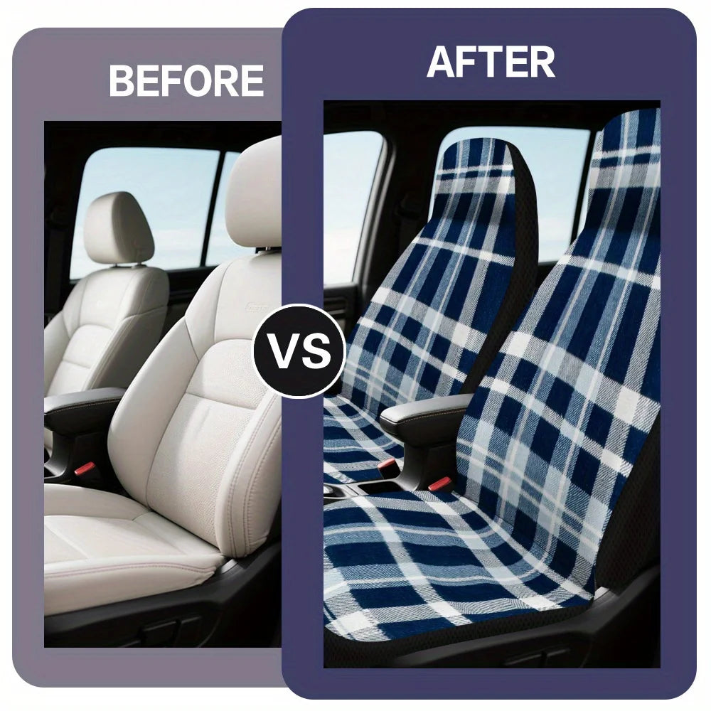 Set Of 2 Universal Car Seat Covers In Blue And White Plaid Design Suitable For Most Vehicles – Fashionable, Long-Lasting, Premiu