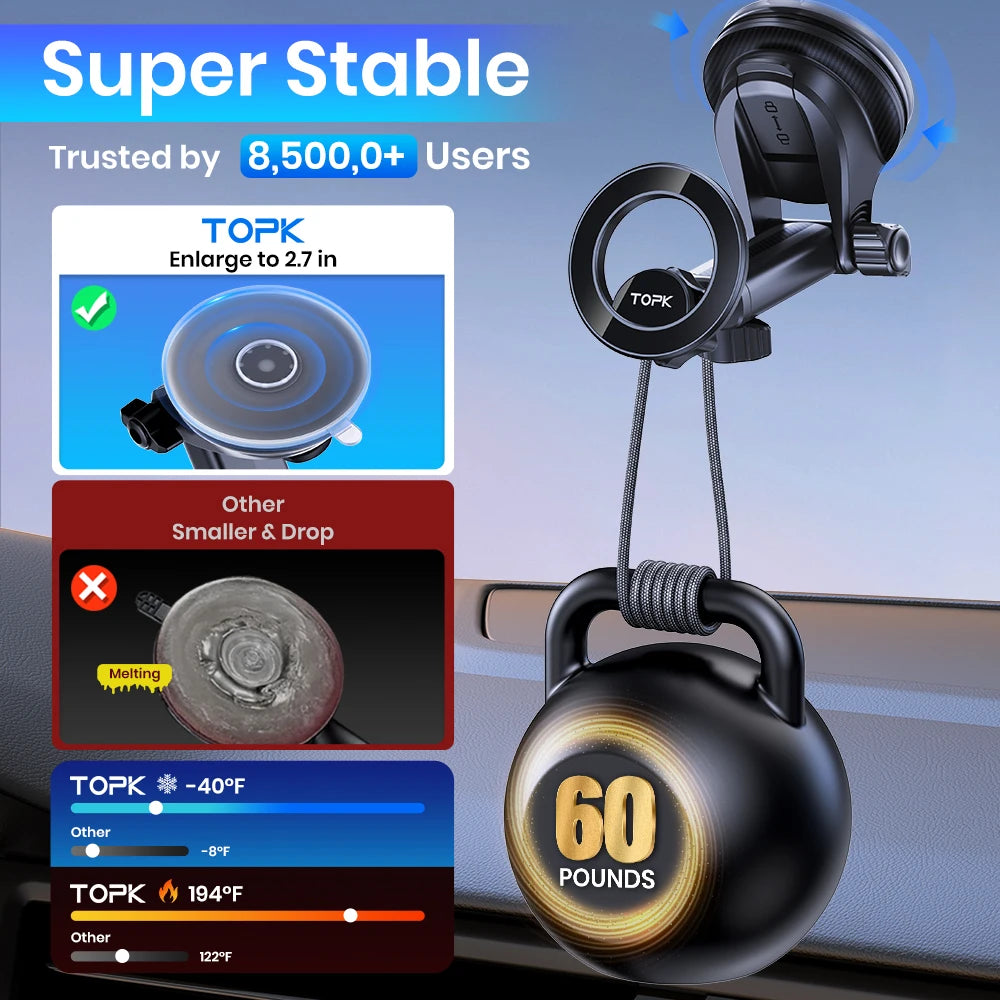 TOPK Magnetic Car Phone Holder for magsafe,N52 Strong Magnet Dashboard Suction Cup Car Phone Holder & Adjustable Telescopic Arm