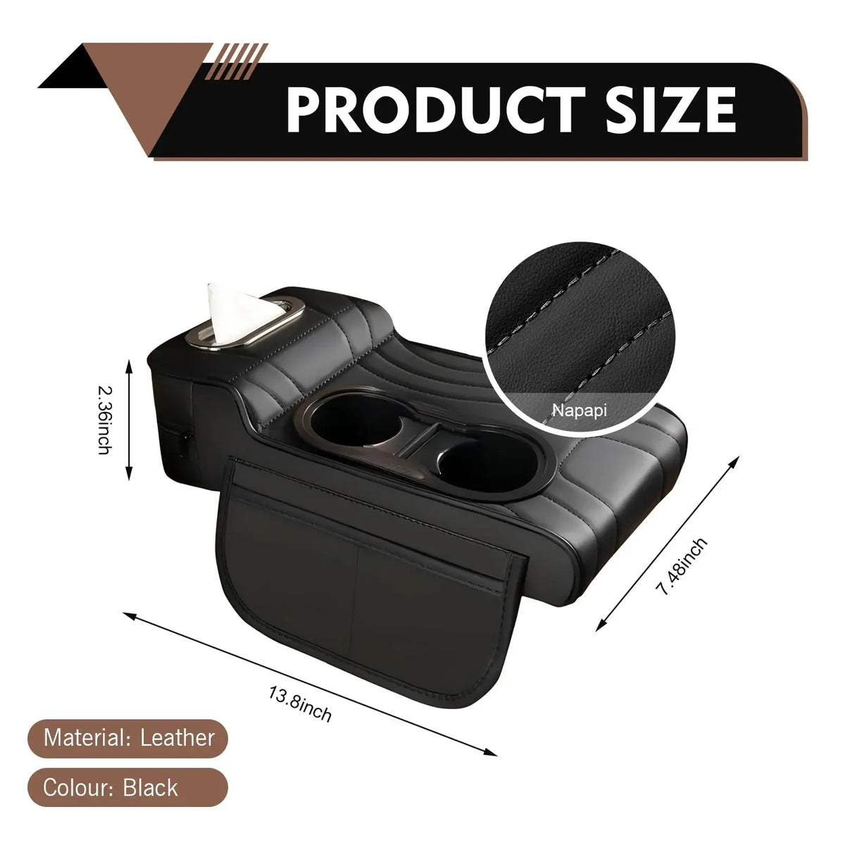 Car Center Console Armrest Cushion with Dual Cup Holders Tissue Box Side Pocket PU Leather Arm Rest Cover for Universal Cars