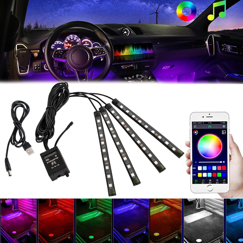 Kit de Fitas de LED RGB para Iluminação Ambiente dos Pés do Carro – Alimentação via USB (Acendedor de Cigarros), Controle e Decoração para o Interior do Veículo