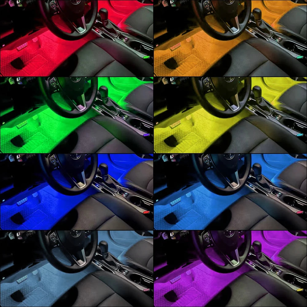 Kit de Fitas de LED RGB para Iluminação Ambiente dos Pés do Carro – Alimentação via USB (Acendedor de Cigarros), Controle e Decoração para o Interior do Veículo