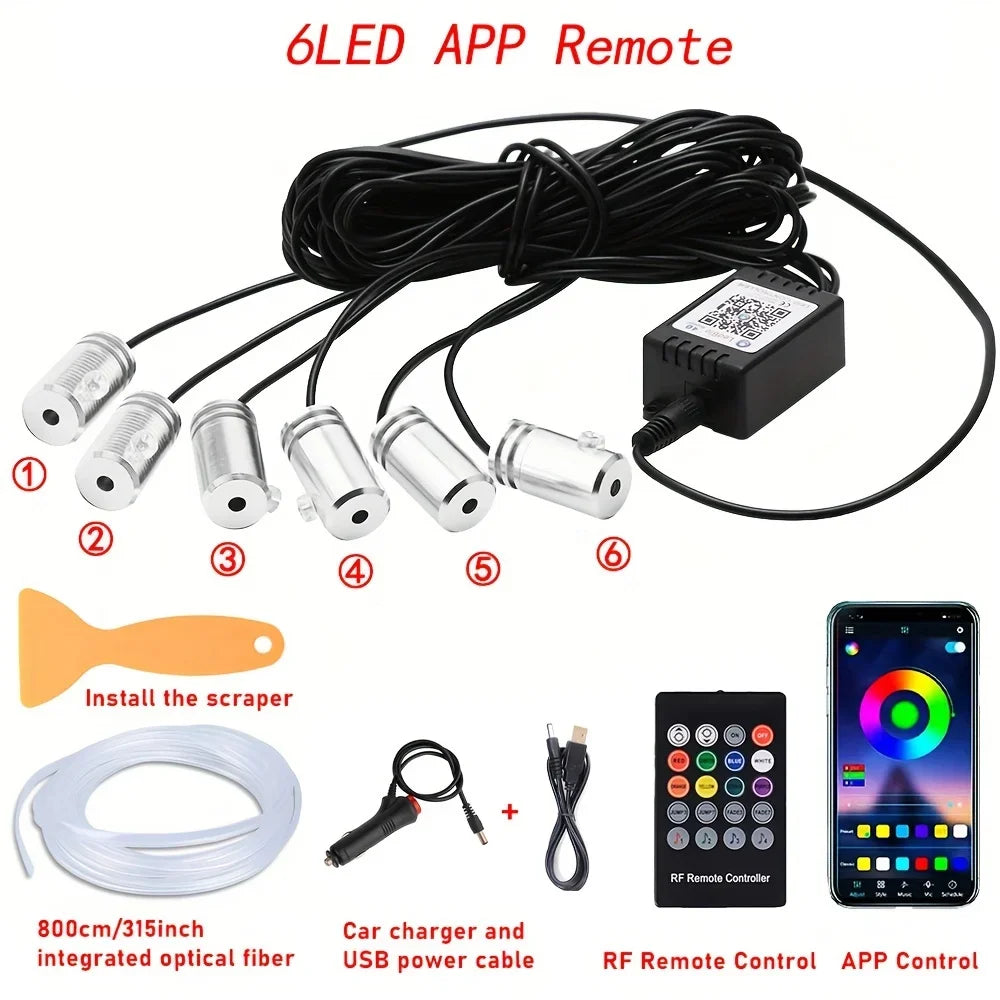RGB LED Car Ambient Light Kit 6 in 1 Fiber Optic Interior Strip with APP Remote Control Music Sync Neon Mood Dashboard FootLight