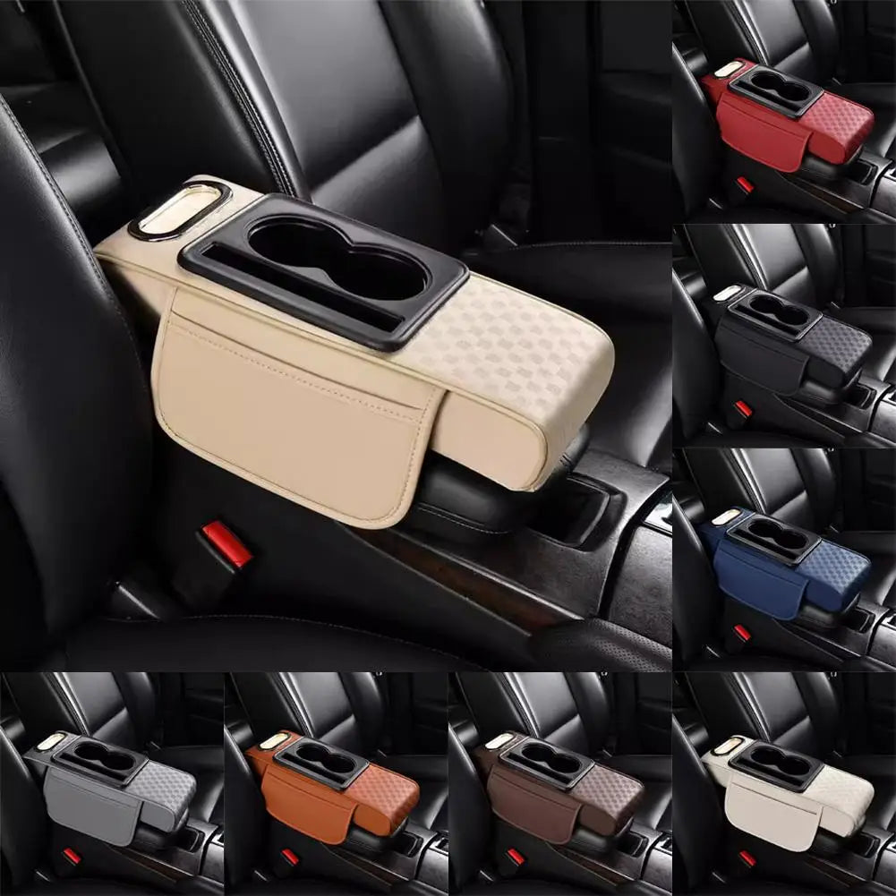 Car Center Console Height Increasing Armrest Cushion Leather Pad Cup Holder Box PU Universal Armrest Tissue with Multifunct Z1K4