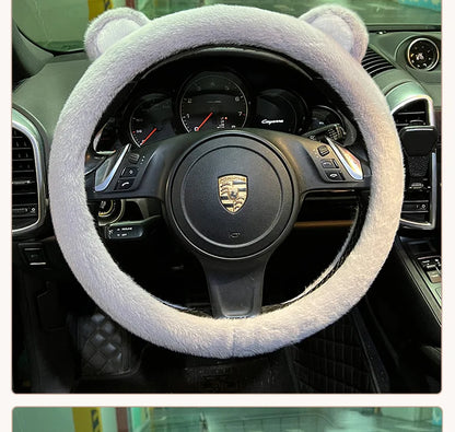 Plush Car Steering Wheel Cover Cartoon Cute Bear Ears Steering Wheel Cover Winter Warm and Comfortable Steering Wheel Cover