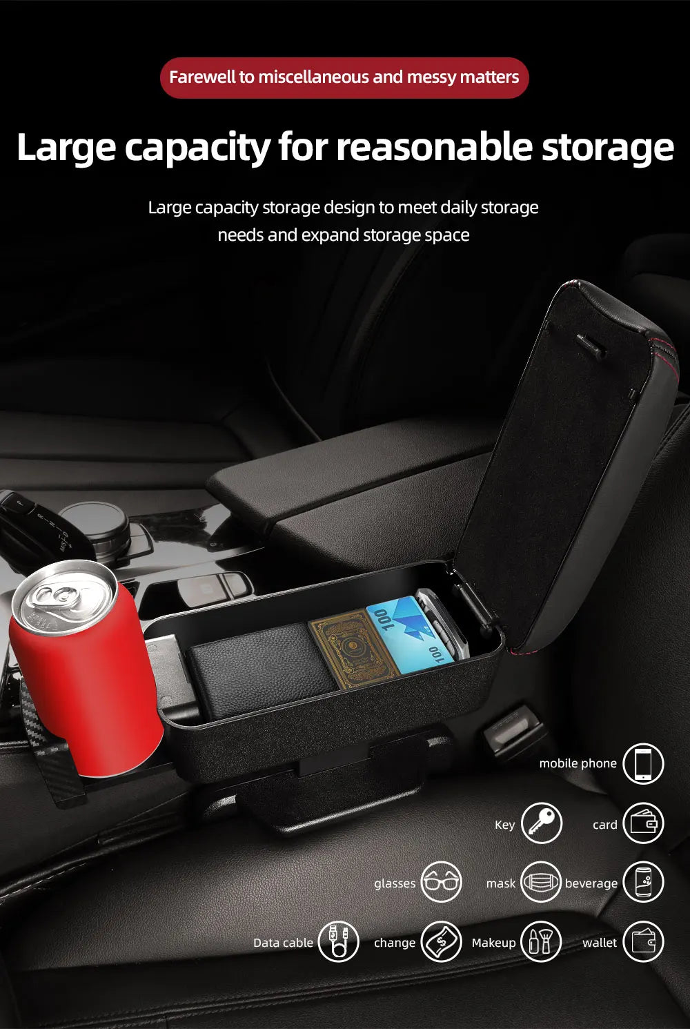 Height Adjustable Car Center Console Gap Storage Organizer with Liftable Tray Elbow Support Armrest Pad for SUV Sedan