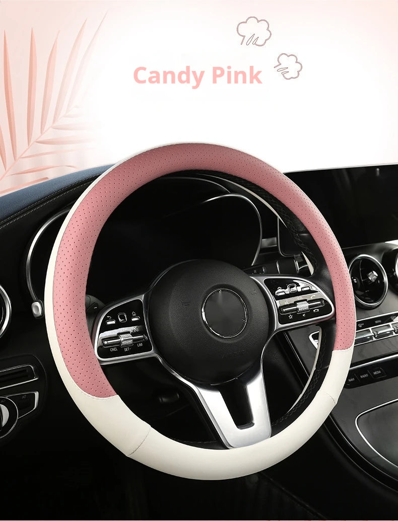 Steering Wheel Cover Breathable Non Slip Nappa Leather All Season Universal For Car Interior Wear Resistant Protective Cover