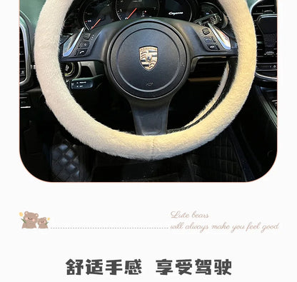 Plush Car Steering Wheel Cover Cartoon Cute Bear Ears Steering Wheel Cover Winter Warm and Comfortable Steering Wheel Cover
