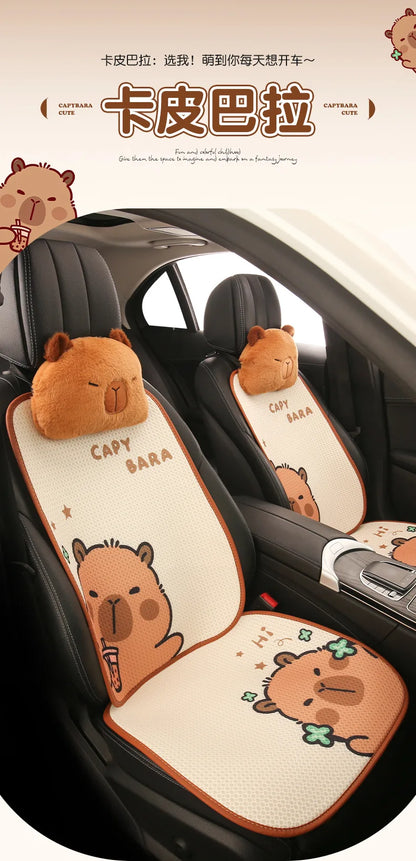 Universal Car Seat Covers Cute Capybara Design Comfortable Breathable Mesh Fabric Four Leaf Clover Pattern for All Seasons