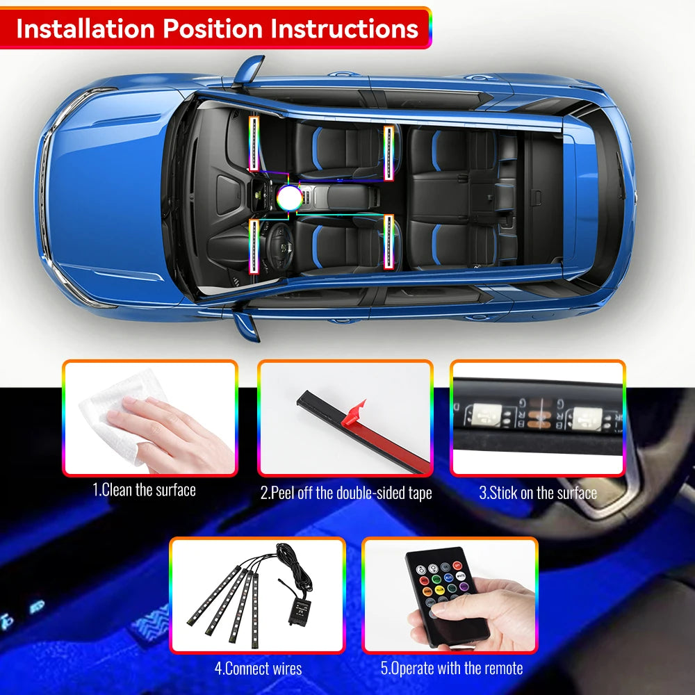Kit de Fitas de LED RGB para Iluminação Ambiente dos Pés do Carro – Alimentação via USB (Acendedor de Cigarros), Controle e Decoração para o Interior do Veículo
