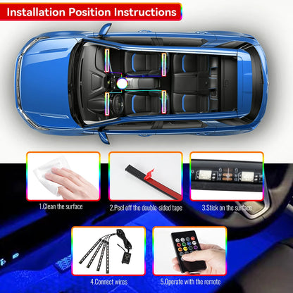 Kit de Fitas de LED RGB para Iluminação Ambiente dos Pés do Carro – Alimentação via USB (Acendedor de Cigarros), Controle e Decoração para o Interior do Veículo