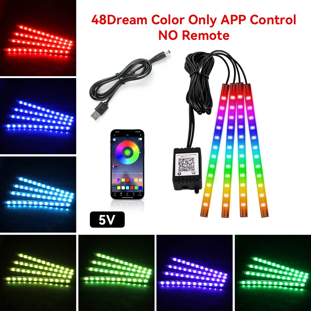 Car Interior Ambient Light Kit RGB LED Foot Strip Light Music Sync with App Remote Music Control Cig/USB Auto Decorative Lamps