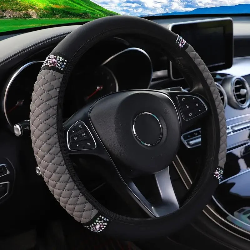 Car Pu Leather Steering Wheel Cover, 14.57-14.96inch Artificial Diamond, New Steering Wheel Cover