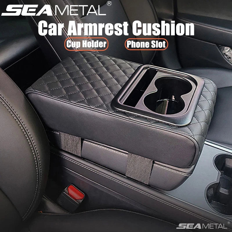 SEAMETAL Universal Car Center Console Armrest Pad PU Leather Armrest Heightening Cushion with 2 Cup Holders Storage Organizer