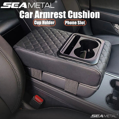 SEAMETAL Universal Car Center Console Armrest Pad PU Leather Armrest Heightening Cushion with 2 Cup Holders Storage Organizer
