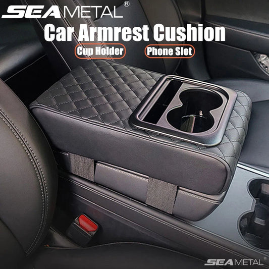 SEAMETAL Universal Car Center Console Armrest Pad PU Leather Armrest Heightening Cushion with 2 Cup Holders Storage Organizer