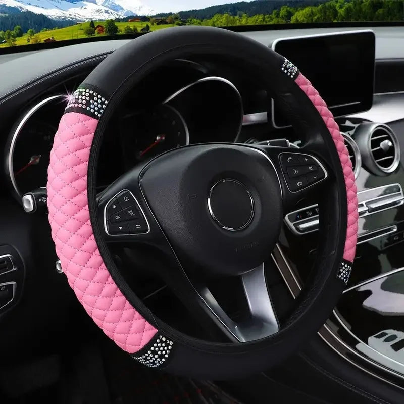 Car Pu Leather Steering Wheel Cover, 14.57-14.96inch Artificial Diamond, New Steering Wheel Cover
