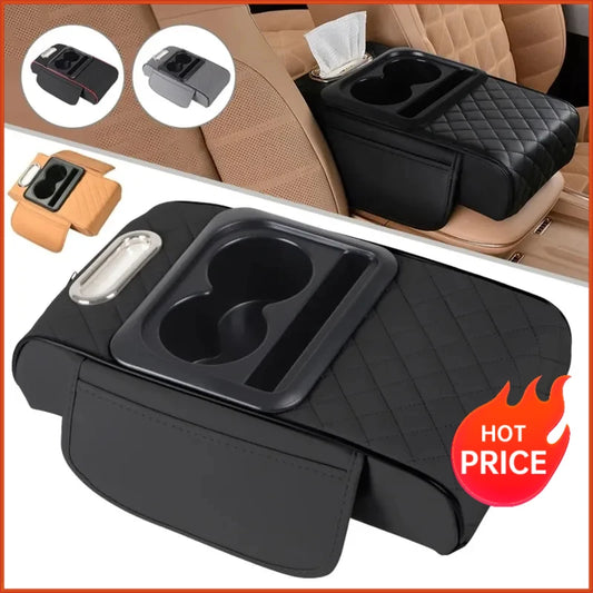 Auto Center Console Armrest Cushion With 2 Cup Holder PU Leather Armrest Pad Portable Car Amrest Pillow Cover Height Pad
