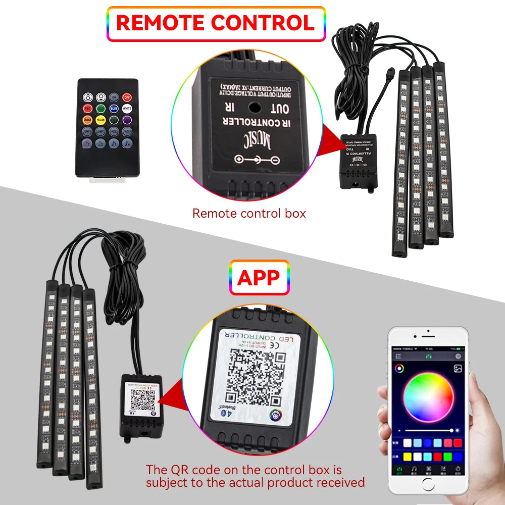 Kit de Fitas de LED RGB para Iluminação Ambiente dos Pés do Carro – Alimentação via USB (Acendedor de Cigarros), Controle e Decoração para o Interior do Veículo