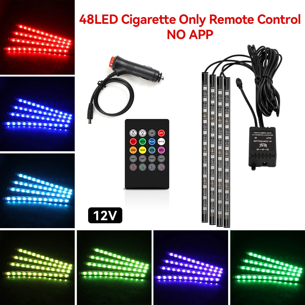 Car Interior Ambient Light Kit RGB LED Foot Strip Light Music Sync with App Remote Music Control Cig/USB Auto Decorative Lamps