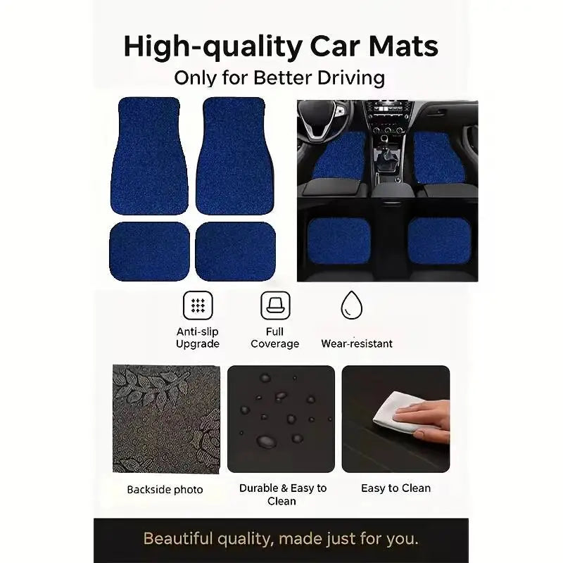 Universal Car Floor Mats Set of 4 Blue Texture Non-Slip Waterproof Auto Carpet Easy Clean Interior Accessory for Sedan SUV