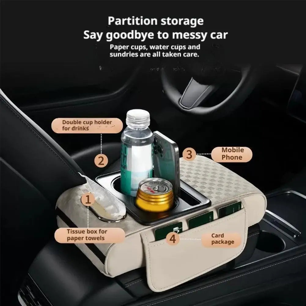 Car Center Console Height Increasing Armrest Cushion Multifunctional PU Leather Armrest Pad with Cup Holder Tissue Box Universal