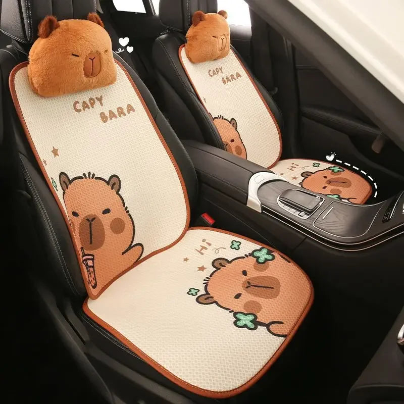 Universal Car Seat Covers Cute Capybara Design Comfortable Breathable Mesh Fabric Four Leaf Clover Pattern for All Seasons