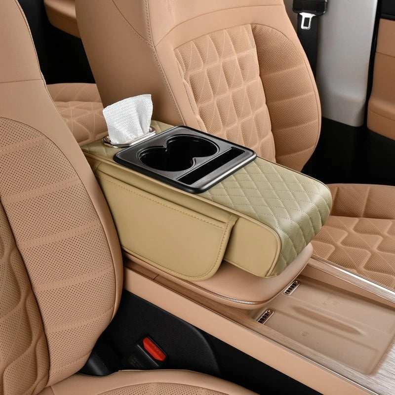 Auto Center Console Armrest Cushion With 2 Cup Holder PU Leather Armrest Pad Portable Car Amrest Pillow Cover Height Pad
