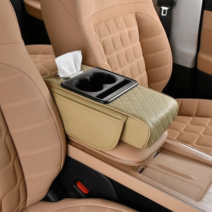 Auto Center Console Armrest Cushion With 2 Cup Holder PU Leather Armrest Pad Portable Car Amrest Pillow Cover Height Pad
