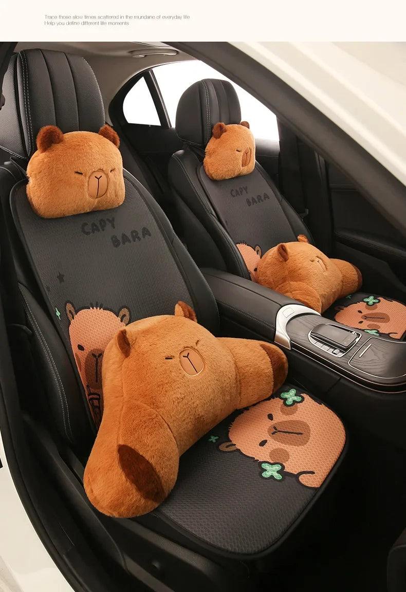 Universal Car Seat Covers Cute Capybara Design Comfortable Breathable Mesh Fabric Four Leaf Clover Pattern for All Seasons