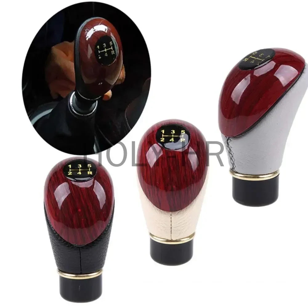 Universal shift knob, 5-speed lever, manual shift knob, car interior made of wood PU leather for cars and trucks