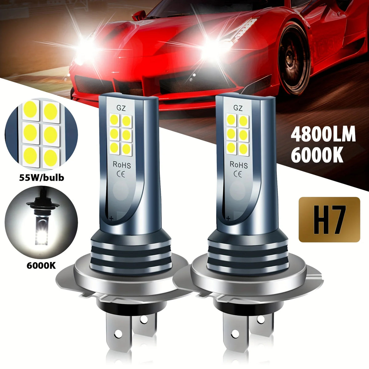Kit Lâmpada LED H7 12SMD 4 Peças - Farol Alto/Baixo Branco 6000K
