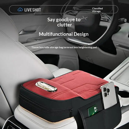 ✔Car Armrest Cushion with Tissue Box & Storage Pocket - Memory Foam Arm Rest Pad for Universal Vehicle Center Console