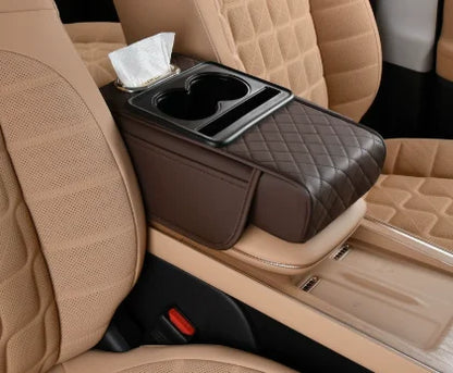 Auto Center Console Armrest Cushion With 2 Cup Holder PU Leather Armrest Pad Portable Car Amrest Pillow Cover Height Pad