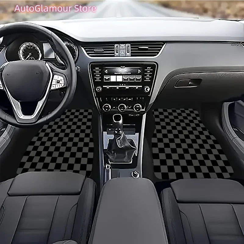 Set of Four Universal Car Floor Mats Featuring a Plaid Design in Black, Gray, And Yellow. They Are Absorbent, Non-Slip, Washable