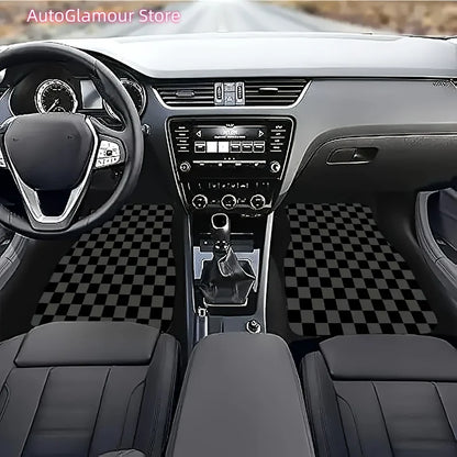 Set of Four Universal Car Floor Mats Featuring a Plaid Design in Black, Gray, And Yellow. They Are Absorbent, Non-Slip, Washable
