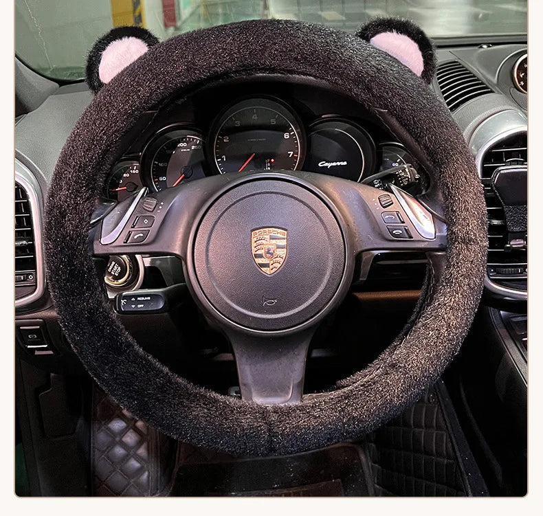 Plush Car Steering Wheel Cover Cartoon Cute Bear Ears Steering Wheel Cover Winter Warm and Comfortable Steering Wheel Cover