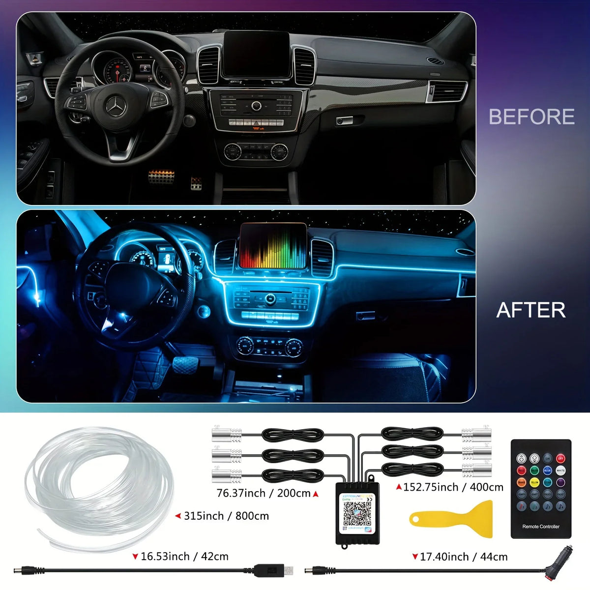 RGB LED Car Ambient Light Kit 6 in 1 Fiber Optic Interior Strip with APP Remote Control Music Sync Neon Mood Dashboard FootLight