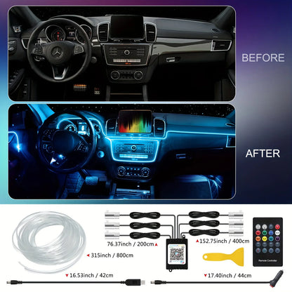 RGB LED Car Ambient Light Kit 6 in 1 Fiber Optic Interior Strip with APP Remote Control Music Sync Neon Mood Dashboard FootLight