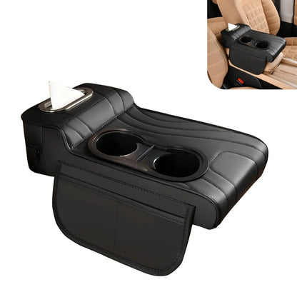 Car Center Console Armrest Cushion with Dual Cup Holders Tissue Box Side Pocket PU Leather Arm Rest Cover for Universal Cars