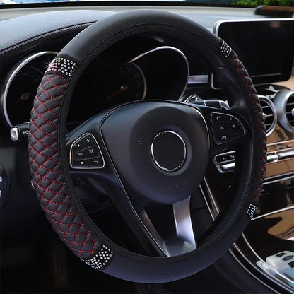 Car Pu Leather Steering Wheel Cover, 14.57-14.96inch Artificial Diamond, New Steering Wheel Cover