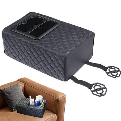 Car Armrest Box Cushion, Auto Center Console Armrest Cushion With 2 Cup Holder PU Leather Armrest Pad Portable Car Amrest