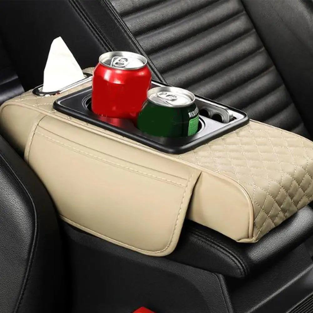 Car Center Console Height Increasing Armrest Cushion Multifunctional PU Leather Armrest Pad with Cup Holder Tissue Box Universal