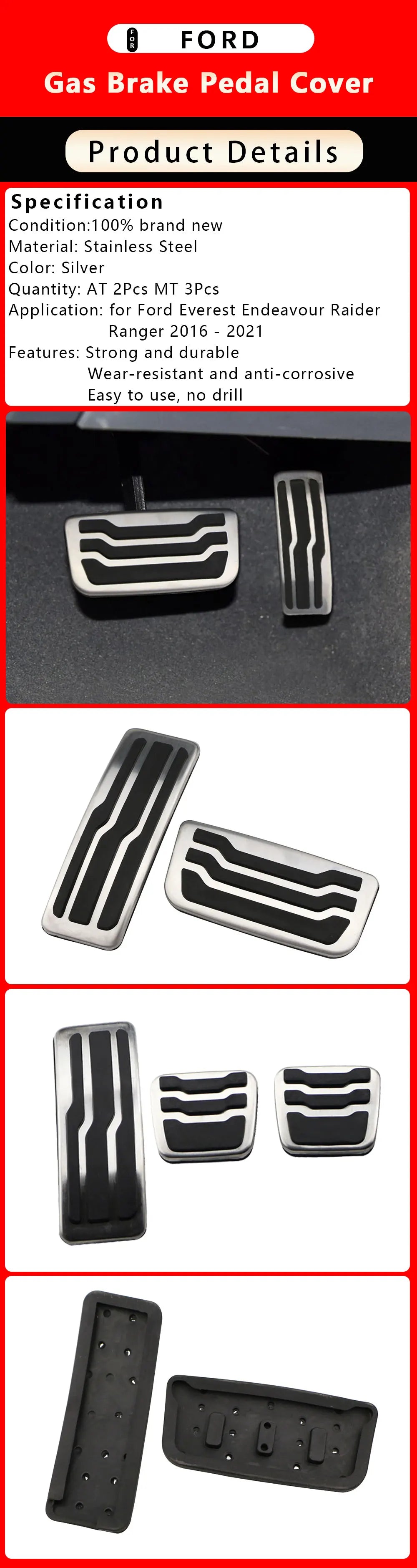 Stainless Steel Car Pedal Pads Cover for Ford Everest Endeavour Raider Ranger 2016 - 2023 Gas Fuel Brake Pedals Pad Accessories