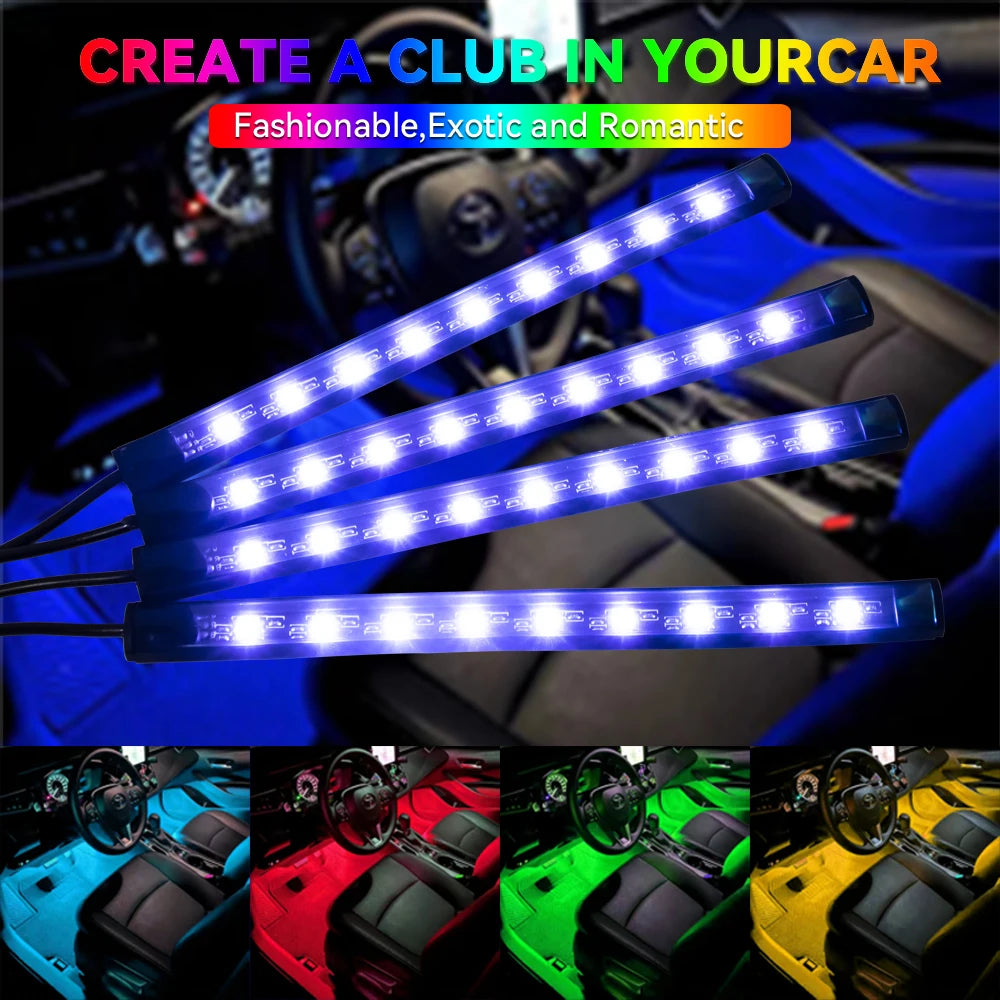 Kit de Fitas de LED RGB para Iluminação Ambiente dos Pés do Carro – Alimentação via USB (Acendedor de Cigarros), Controle e Decoração para o Interior do Veículo