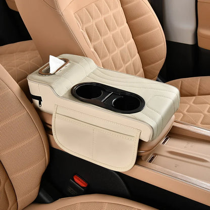 Car Center Console Armrest Cushion with Dual Cup Holders Tissue Box Side Pocket PU Leather Arm Rest Cover for Universal Cars